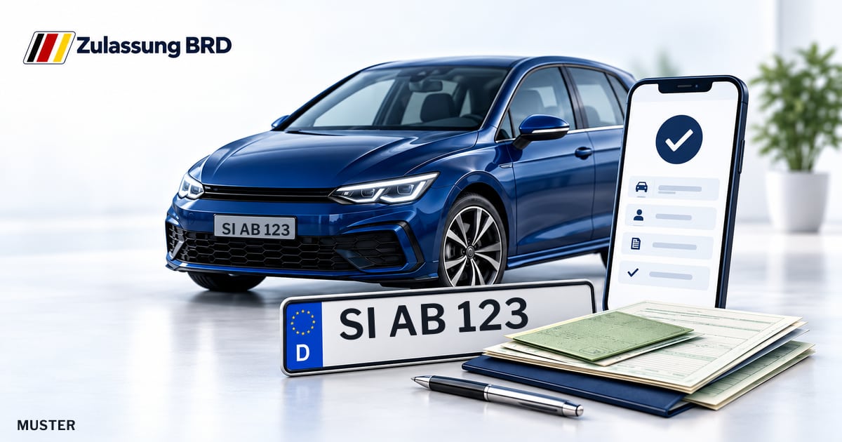 Online Fahrzeugzulassung in Neunkirchen: Musterkennzeichen SI AB 123, Auto und Fahrzeugpapiere und Smartphone. Illustration mit Logo von Zulassung BRD.